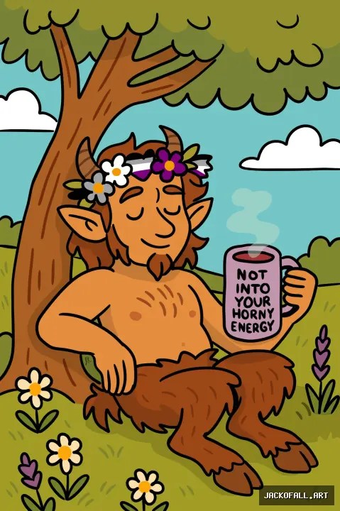 An illustrated horned character relaxing with a mug